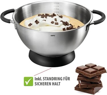 GEFU Mixing and Whisking Bowl MESCO – Stainless steel bowl with 4L volume, silicone handles & stand ring | With internal scale | Ø 24cm