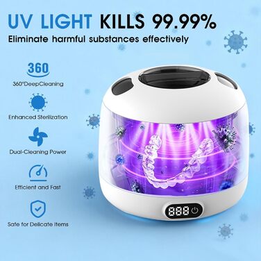 Ультразвуковий очищувач 45000 Гц з УФ-дезінфекцією 220 мл для зубних протезів, брекетів, ювелірних виробів - білий