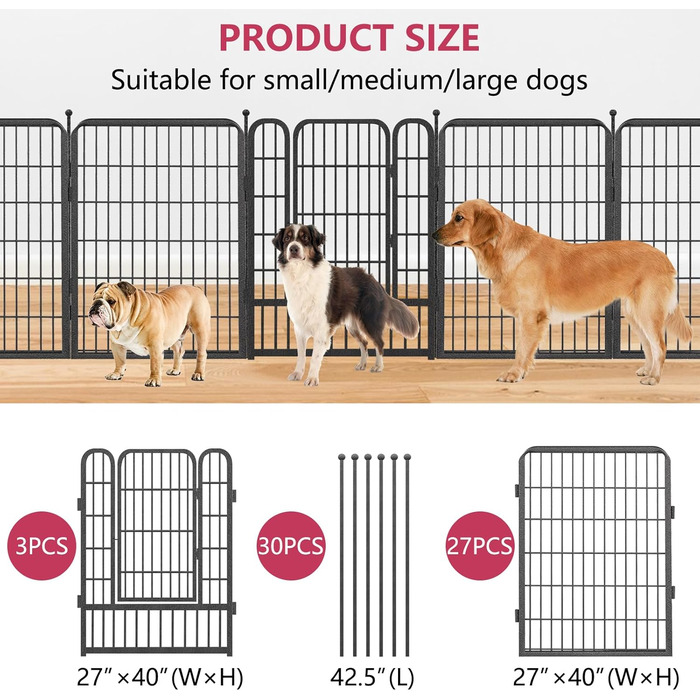 Металевий вольєр для собак на вулицю, 81,3 см, міцний загін з дверима, для середніх та маленьких собак, портативний, 30 панелей, 101,6 x 68,6 см