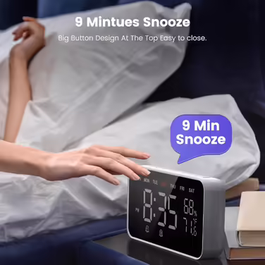 Dekala LED Digital Alarm Clock with Dual Alarms, Temperature & Humidity Sensor, Nightstand Function with Snooze, 12/24h Format, Large Automatically Dimming Display and Digitally Powered Clock