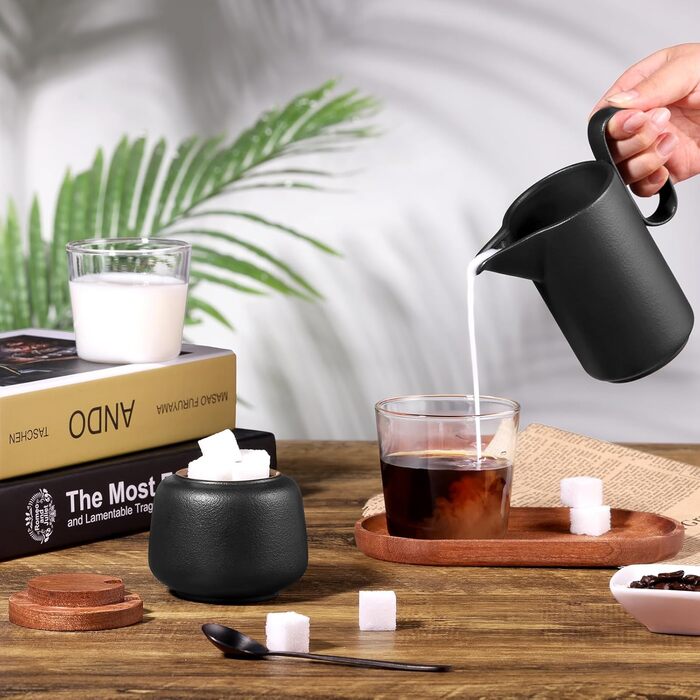 Набір для молока та цукру Ecooe: молочник і цукорниця з кришкою та металевою ложкою, кераміка, чорний колір