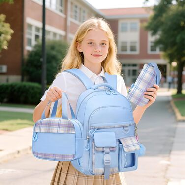 KEBEIXUAN Шкільний рюкзак для дівчаток | Милий рюкзак для початкової школи (1-5 класи) | Дихаючий, водовідштовхуючий рюкзак для дівчаток + ізольована сумка для обіду + пенал, блакитний
