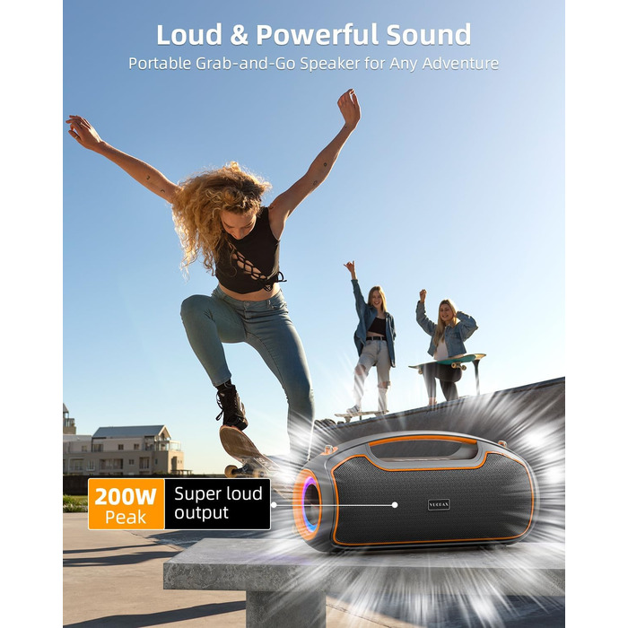 VUOPAX Портативна Bluetooth колонка з 2 сабвуферами, 200W, 24h акумулятор, IP65, DSP, TWS, TF/USB/AUX, для дому та вечірок