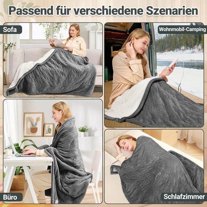 Електрична ковдра Charmofun з автовимкненням, 130x180 см, 8 режимів нагріву, таймер 12 годин, пральна машина, флісова тепла ковдра для ліжка, дивана, офісу (темно-сірий)