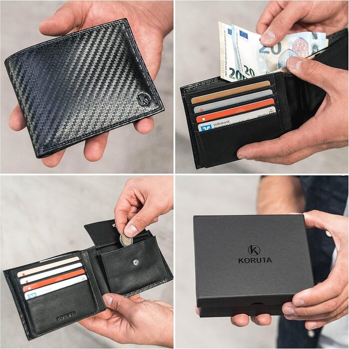 KORUTA® Wallet for Men Leather Carbon with RFID Protection | Real Leather Bifold Wallet Large | 13 Compartments | Wallet for Men | Wallet/Bifold/Portmonee made of genuine leather (Carbon Black)