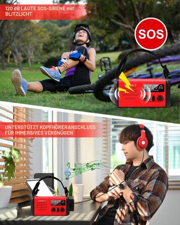 Радіо Kurbelradio 20000mAh сонячне з ручним заводом, AM/FM, SOS, LED-ліхтарик, USB зарядка для телефону, аварійне радіо при відключенні електроенергії (Червоне)