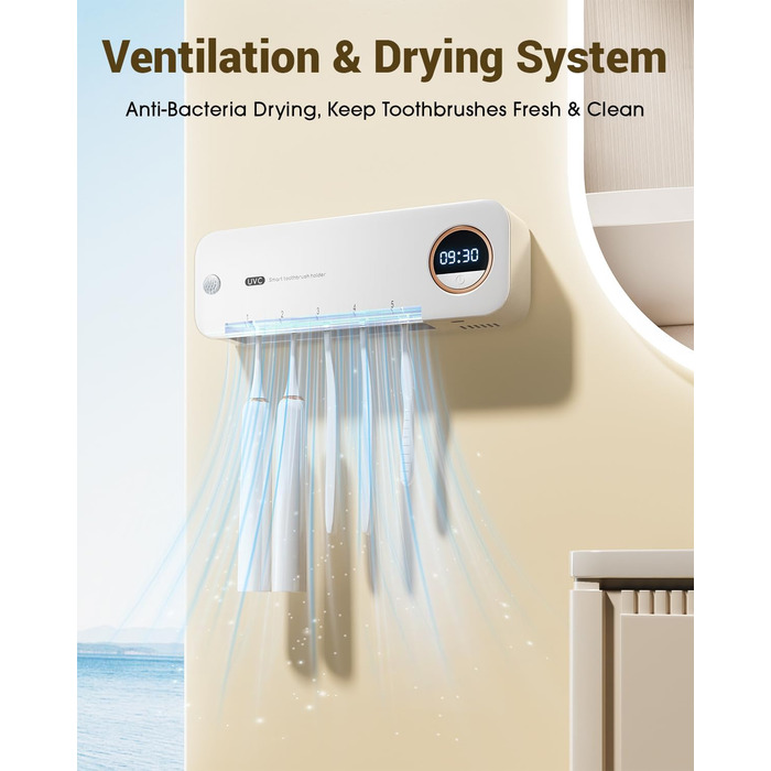 Стерилізатор зубних щіток UV-C та UV-A, настінний тримач з функцією повітряної сушки, для дому та подорожей (білий)