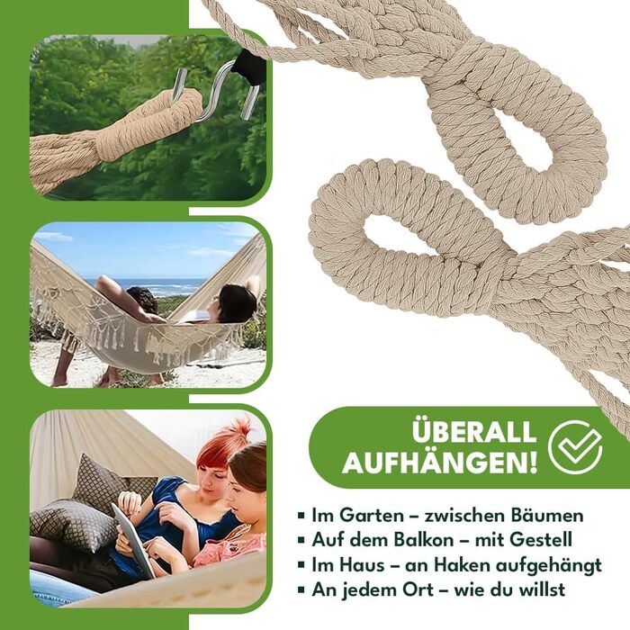 Гамак KRUMAD 260 см, до 250 кг, вологостійкий, бавовна-поліестер, для саду, балкону, кемпінгу, з дерев'яними розпірками та сумкою (Бежевий, 150x200 см)