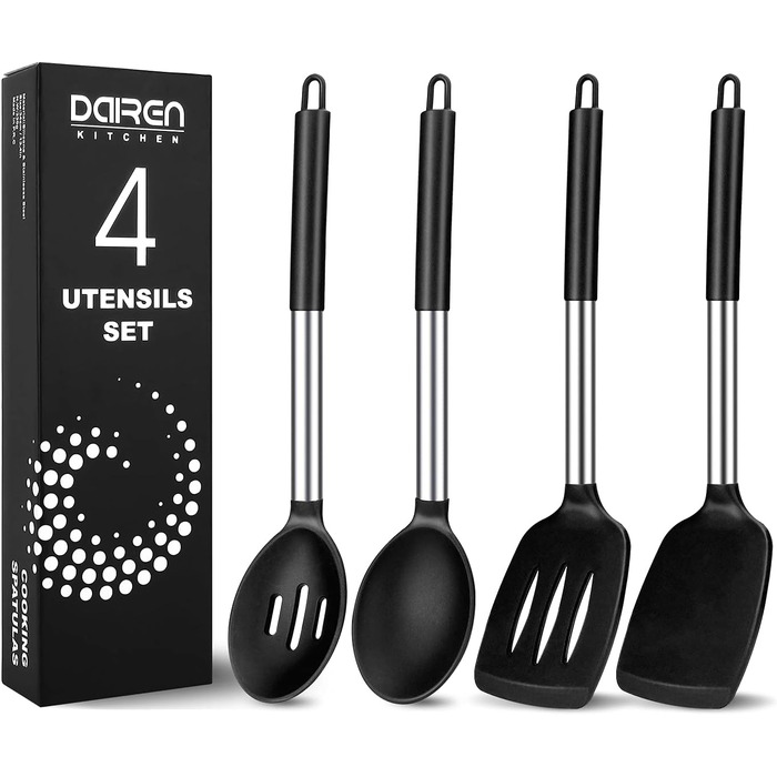 Silicone Spatula and Spoon Set, 4-Piece Silicone Kitchen Utensils Cooking Utensil Set with Stainless Steel Handle, Non-Stick Heat-Resistant Black Cooking Utensil Set, Healthy, Dishwasher Safe