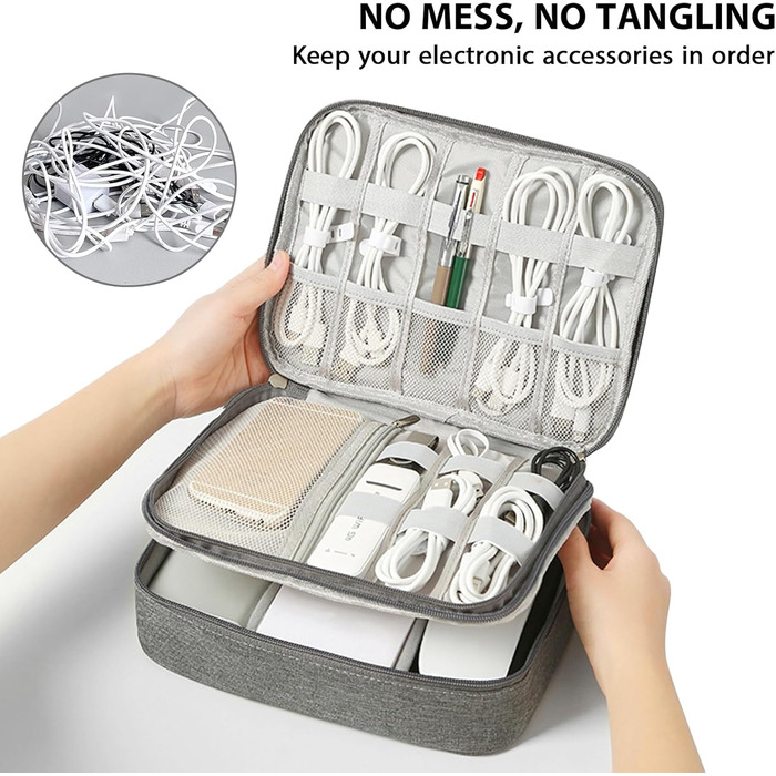 Органайзер для кабелів Neusid: водонепроникна сумка-організатор для подорожей, 3 відділення, для USB-кабелів, Power Bank, сірий