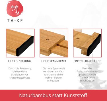 TAKE® Adjustable Drawer Dividers, 4 Pack [42-56cm] | Drawer Organizers, 100% Natural Bamboo | Flexible Drawer Divider System | Drawer Organization System for Kitchen | Drawer Organizer