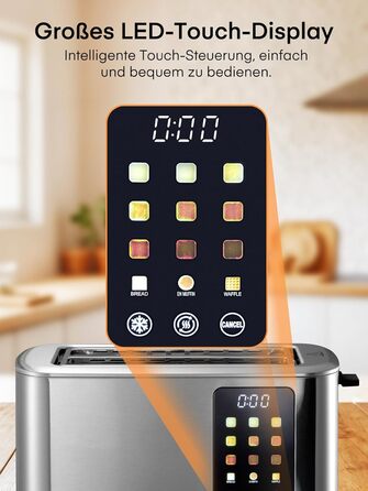 Тостер 4-х секційний, 1400W, нержавіюча сталь, довгий проріз, 9 налаштувань підсмажування, 3 види хліба, функція відміни, розморожування, підігріву, сенсорне керування, з підставою для булок, сріблястий