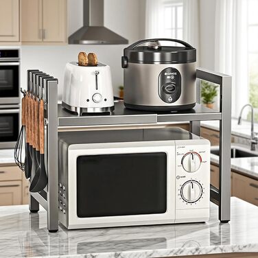 Настільний органайзер для мікрохвильової печі з 6 гачками, регульована висота та ширина, металевий, для кухні, спецій та кухонного приладдя