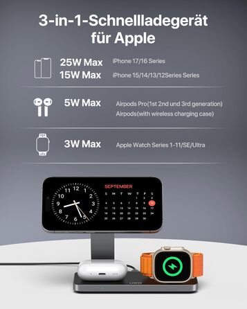 Бездротова зарядна станція 3-в-1 з Qi2.2 25W для Apple Watch та iPhone (MagSafe) + адаптер 35W, чорна