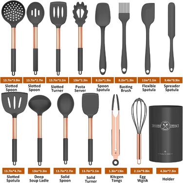 Набір кухонного приладдя Umite Chef, 15 предметів, силікон, червото-золоті ручки, антипригарне покриття, сірий колір