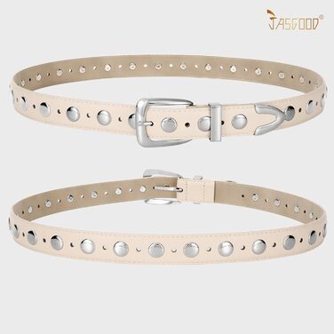 Жіночий шкіряний ремінь JASGOOD з золотою пряжкою, вінтажний панк-рок ремінь, модний ремінь з шипами для джинсів та повсякденного носіння, 130 см: для розміру 105-114 см (Бежевий, 110 см: для розміру 78-92 см)