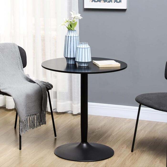 HOMCOM Dining Table, Round Kitchen Table, Modern Dining Table for 2 People, Bar Table Pedestal Table with Steel Leg, Non-Slip Foot Pad, Coffee Table for Living Room, Ø70 x 75 cm, Black 70L x 70W x 75H cm Black
