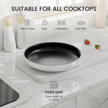 Набір сковорідок CookNANO 3 шт. (20+26+30 см), антипригарне покриття, нержавіюча сталь, для всіх плит, безпечне миття в посудомийній машині