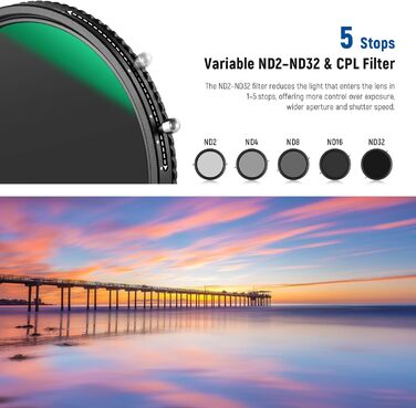 ND-фільтр Neewer 82mm 2-в-1 (ND2-ND32) + CPL (поляризаційний) - HD скло, нанопокриття, водонепроникний, стійкий до подряпин