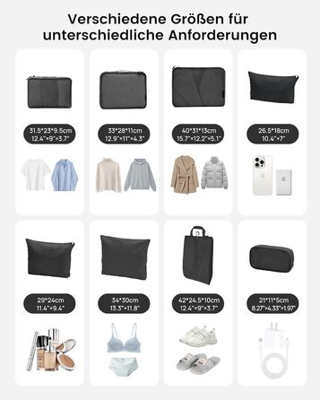 Органайзери для валізи Packing Cubes, 8 шт., водонепроникні, чорні + косметичка