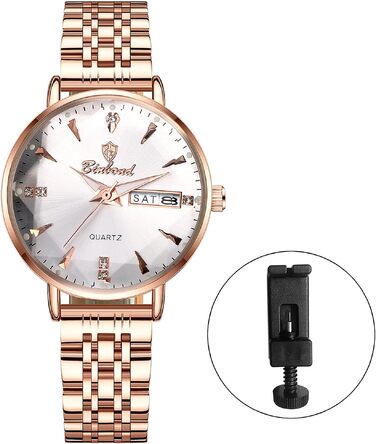 Жіночий годинник JewelryWe Rosegold: аналоговий кварцовий годинник зі сталевим браслетом, водонепроникність 30м, календар, підсвічування стрілок та гранійним склом (Рожеве золото - Білий)
