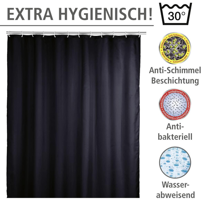 Штора для душу WENKO Anti-Schimmel чорна, текстильна, антигрибкова, водонепроникна, з кільцями, 180x200 см