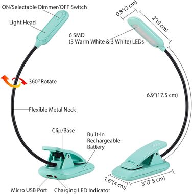 Ліхтар для читання BIGMONAT з USB зарядкою, кліпсою, 6 LED, 3 режими яскравості та колірної температури, гнучкий на 360°, синій