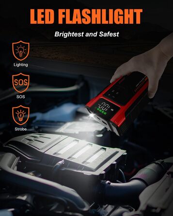 Powerbank для автомобіля з компресором 150 PSI та пусковим струмом 6000A (до 9.0л бензин/7.5л дизель), Jump Starter 12V з LCD дисплеєм, LED ліхтарик, червоний