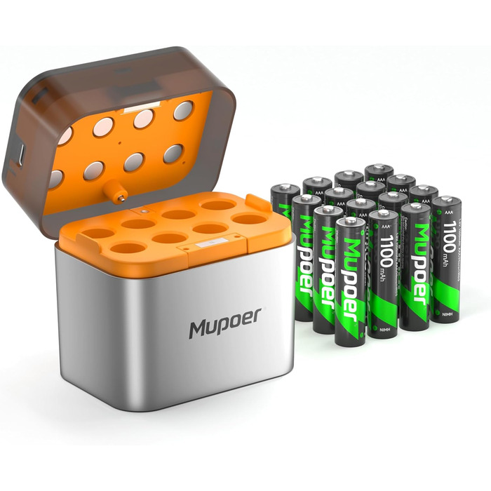 Акумулятори AAA з зарядним пристроєм, 16 шт. - NiMH 1.2V 1100mAh, сумісні з Gigaset, іграшками, раціями, камерами