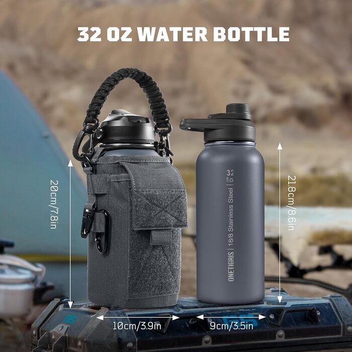 OneTigris Stainless Steel Water Bottle, 0.9L High Capacity, Insulated Sports Bottle for Cycling, Camping, Yoga, Gym, Softair, 32OZ (Gray)