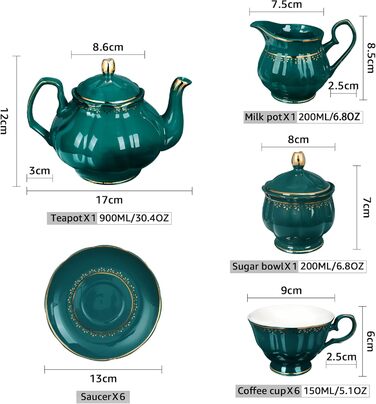 Fanquare 21-Piece Vintage Porcelain Tea Set, Dark Green Coffee Set with Teapot, Milk Jug, Sugar Bowl, Saucers, and Spoons for 6 People