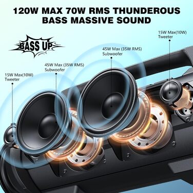 W-KING Bluetooth Колонка 120W з підсиленням басів 70W, чорна. Портативна колонка для вечірок, кемпінгу, пляжу, саду. BT 5.4, IPX6, до 42 годин, RGB підсвітка, стерео-з'єднання, DSP/EQ.