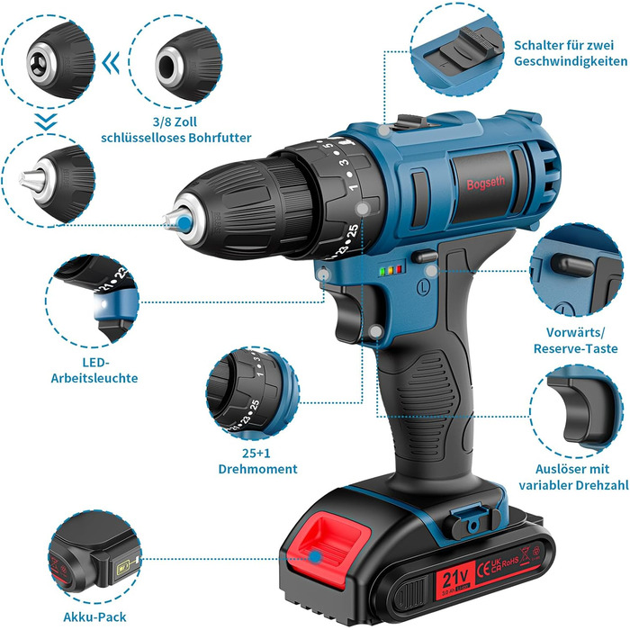 Акумуляторний шурупокрут Bogseth 21V з набором інструментів 112 шт. для дому та саду