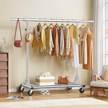 Стійка для одягу на колесах FAVOOOSTY, металева, мобільна, до 200 кг, швидка установка, срібна