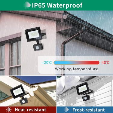 Aigostar 20W LED Floodlight with Motion Sensor Outdoor, 1650LM 6500K Cool White Outdoor Floodlight, IP65 Waterproof Spotlight, Outdoor Light for Garden, Courtyards, Garage, Hotel, 2PC (20W)