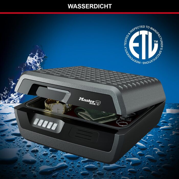 Сейф Master Lock вогнестійкий та водонепроникний з ключем, потрійний захист (пожежа, вода, авіаперевезення), 4.9л, 15.6 x 36.2 x 33 см