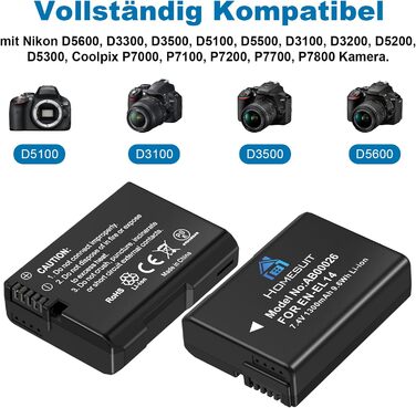 Акумулятор EN-EL14 1300mAh Homesuit + LED зарядний пристрій для Nikon D3100, D3200, D3300, D3500, D5100, D5200, D5300, D5500, D5600, Coolpix P7000, P7100, P7200, P7700, P7800 (2 шт.)