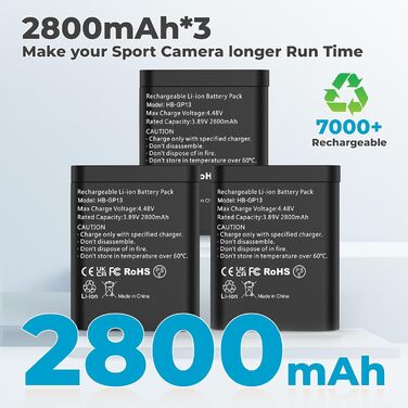 Зарядний комплект Hero 13: 3 акумулятори 2800mAh + зарядний пристрій з LED-індикатором, сумісний з Hero 13 Black