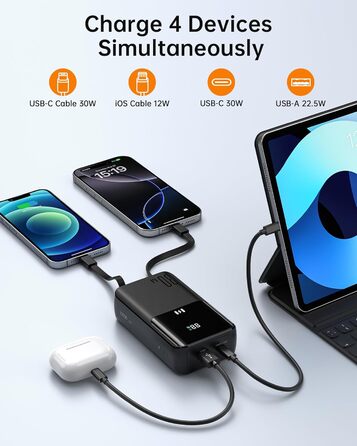 Power Bank Selore&S 20000mAh 30W з USB-C, LED дисплеєм та 4 виходами. Чорний. Сумісний з iPhone, MacBook, iPad, Samsung Galaxy