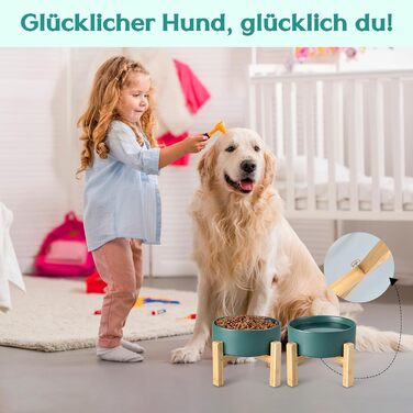 Набір мисок для корму для собак і котів SpunkyJunky з кераміки, піднятий на підставці з бамбука (2 шт. по 400 мл, зелений)