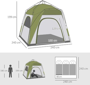 Намет Outsunny Pop-Up для 3 осіб, UV 50+, зелений: сімейний кемпінговий намет з гачками, 4 дверима, вікнами та водонепроникністю 1000 мм