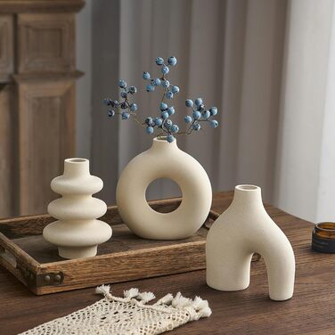 Set of 3 Ceramic Vases for Pampas Grass - Modern Round Decorative Vases for Home Decor, Wedding Centerpieces