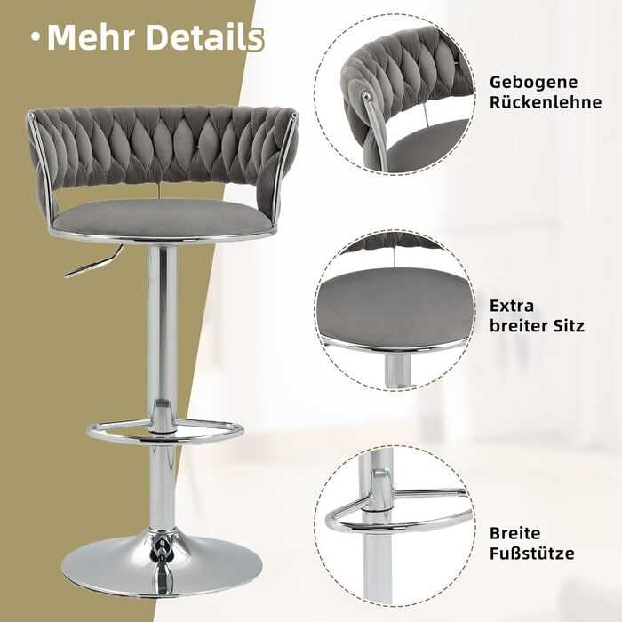 Adjustable Velvet Bar Stools 2-Pack with Backrest & Armrests - Ergonomic Swivel Bar Stools with Handwoven Velvet & Gold Legs for Kitchen Island, Bar, Restaurant - Includes Footrest (Silver, Grey)