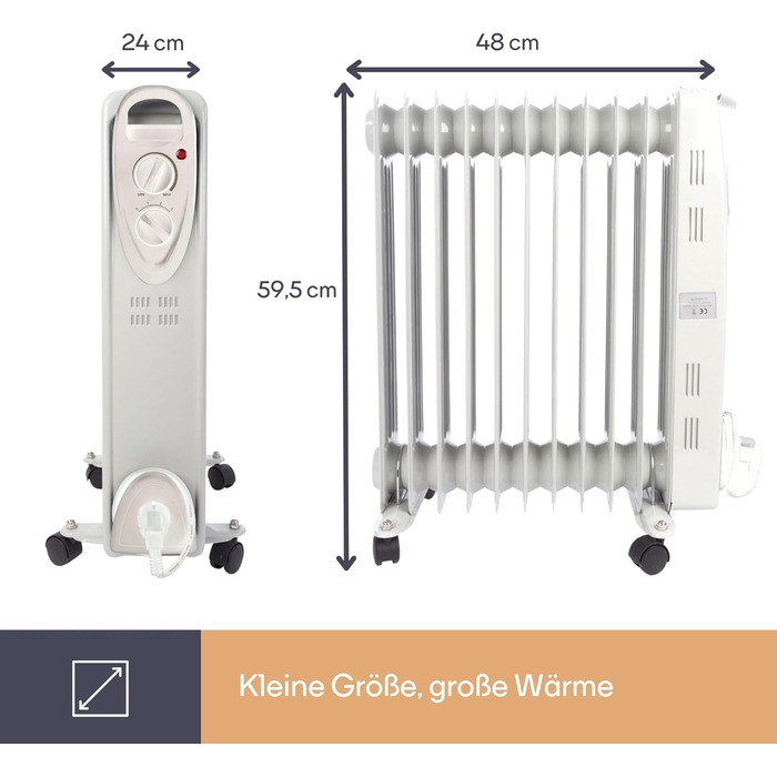 Масляний радіатор Perel 2500W з 11 ребрами, 3 режими, термостат, колеса, захист від перегріву та перекидання, тихий та енергоефективний для великих приміщень до 30 м²