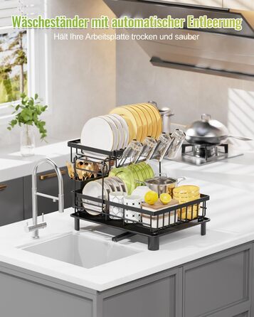 LIONONLY Dish Drying Rack, Large 2-Tier Dish Drying Rack with Drip Bowl, Stainless Steel Dish Drying Rack with Utensil Holder, Beverage Holder, and Swivel Spout, Dish Drying Stand Kitchen