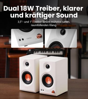 Edifier MR3 - Компактні Студійні Акустичні Системи 2.0, Hi-Res Audio, Bluetooth V5.4, RCA, AUX, Мобільний Додаток, 2 x 18 W, Білий