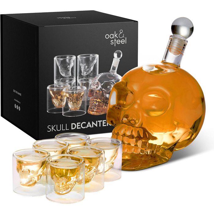 Oak & Steel - Whiskey Carafe Gift Set for Men - Skull Decanter (700ml) with 6 Shot Glasses (75ml) - Valentine's Day, Father's Day, Birthday, Christmas