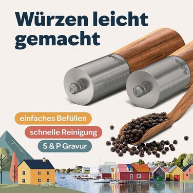 Premium Salt and Pepper Grinder, Stainless Steel and Solid Acacia Wood with Coaster, Cleaning Brush, and Funnel - Wooden Grinder Set with Ceramic Grinder - Salt and Pepper Grinder Set