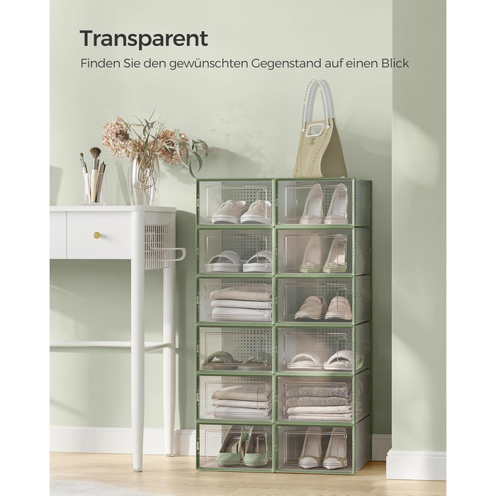 SONGMICS Shoe Boxes, 12-Piece Set, Plastic Shoe Organizer, Foldable and Stackable, for Shoes up to Size 44, Transparent-White LSP12SWT (12-Piece Set for Shoes up to Size 44, Transparent + Laurel Green)