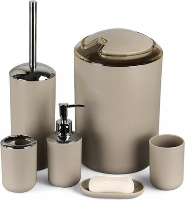 Набір аксесуарів для ванної кімнати 6tlg Badset: мильниця, стакан для зубних щіток, контейнер для косметики, щітка для унітазу з тримачем, мильниця, сміттєвий бак, тримач для зубних щіток, повна ванна кімната (бежевий дизайн 3)